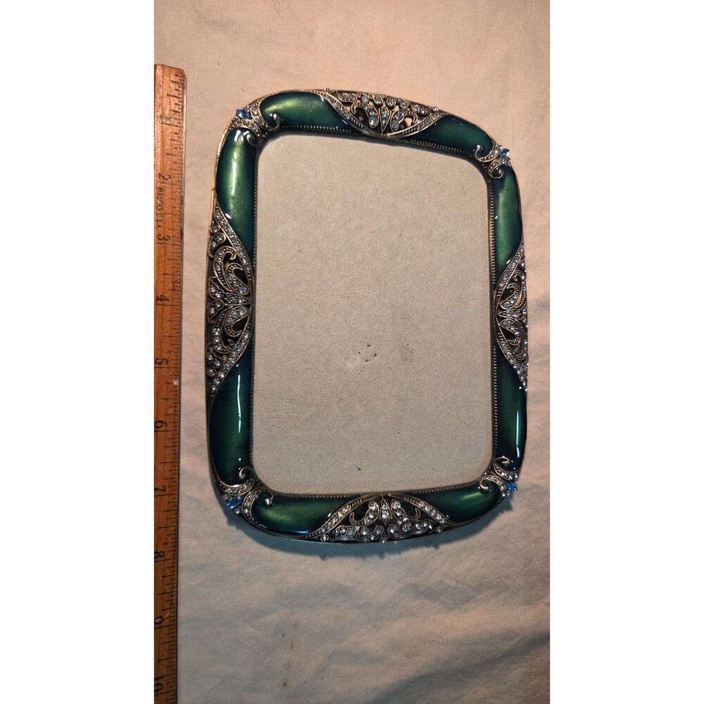 Vintage Art Deco Green Enamel Picture Frame Jeweled Rhinestone Ornate Gold 5x7
